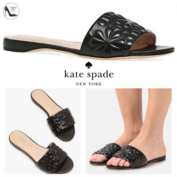 Kate Spade Emmie Floral Embossed Slide Sandals Black Leather Flat Mules 9.5 - Picture 1 of 13